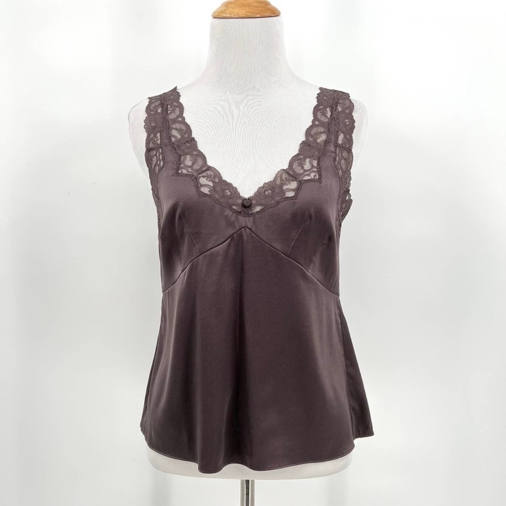 JIGSAW LONDON Silk Camisole Women 6 Mole Brown Gray Lace Trim Satin V-Neck Tank